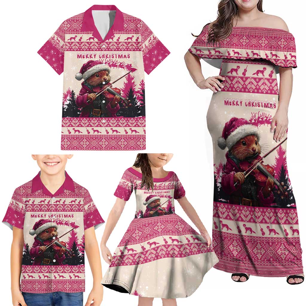Croatia Christmas Family Matching Off Shoulder Maxi Dress and Hawaiian Shirt Pine Marten Playing Violin - Dark Pink Color - Wonder Print Shop