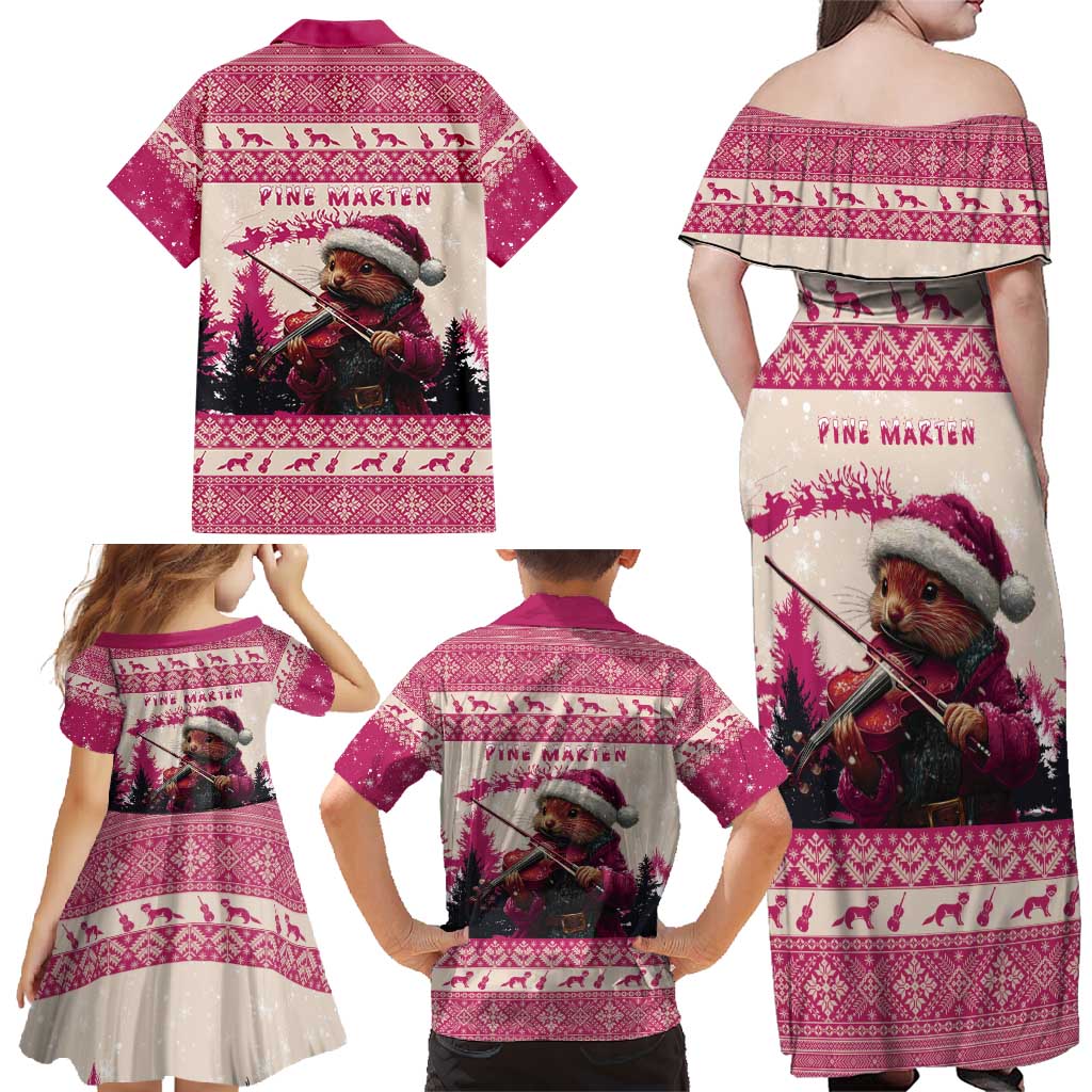 Croatia Christmas Family Matching Off Shoulder Maxi Dress and Hawaiian Shirt Pine Marten Playing Violin - Dark Pink Color - Wonder Print Shop