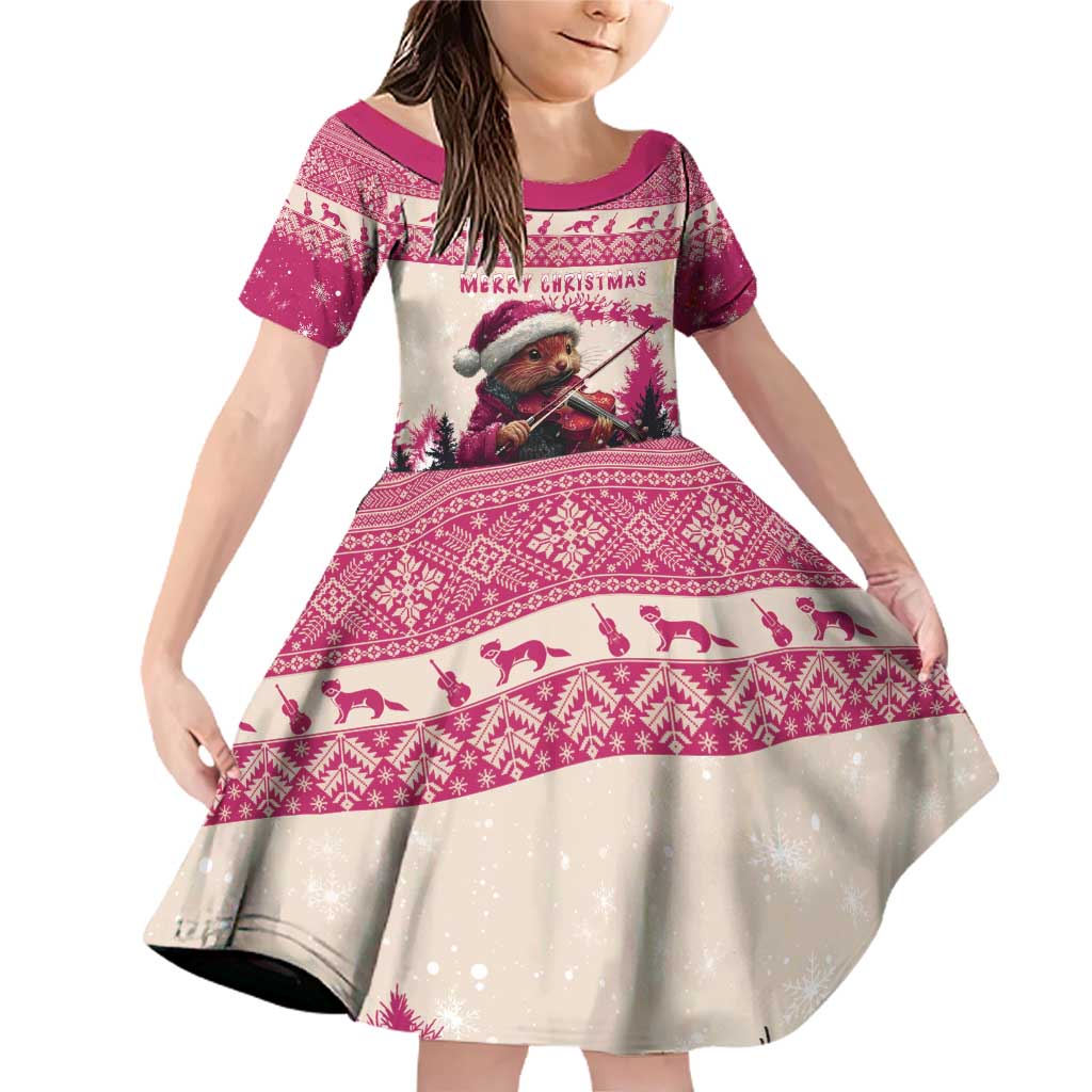 Croatia Christmas Family Matching Off Shoulder Short Dress and Hawaiian Shirt Pine Marten Playing Violin - Dark Pink Color - Wonder Print Shop