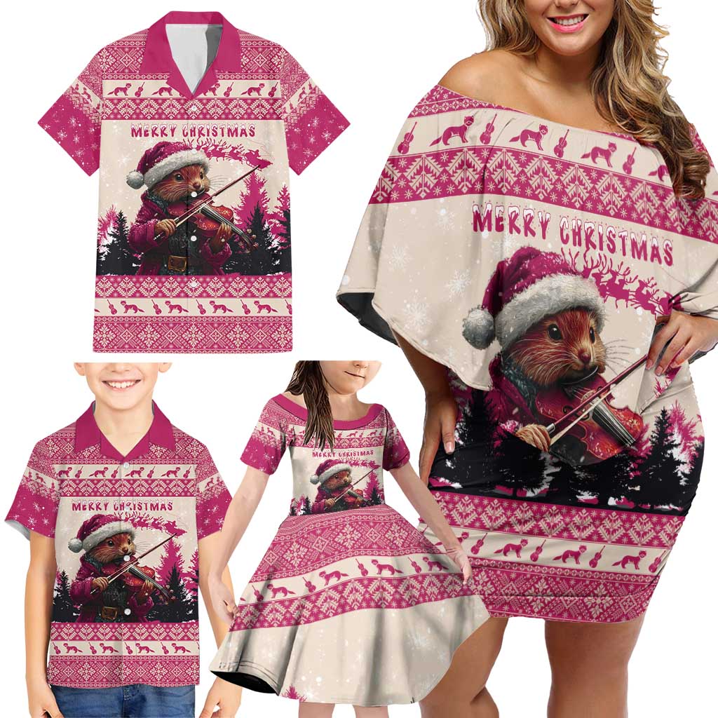 Croatia Christmas Family Matching Off Shoulder Short Dress and Hawaiian Shirt Pine Marten Playing Violin - Dark Pink Color - Wonder Print Shop