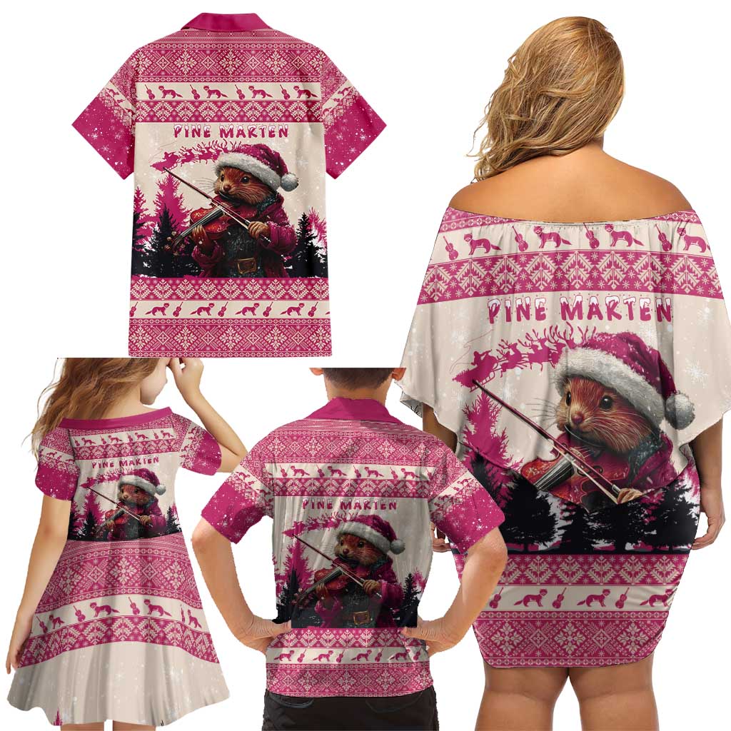Croatia Christmas Family Matching Off Shoulder Short Dress and Hawaiian Shirt Pine Marten Playing Violin - Dark Pink Color - Wonder Print Shop