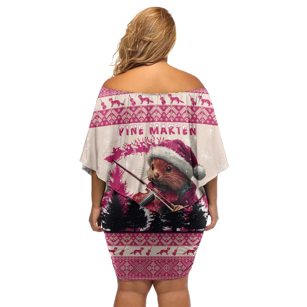 Croatia Christmas Family Matching Off Shoulder Short Dress and Hawaiian Shirt Pine Marten Playing Violin - Dark Pink Color - Wonder Print Shop