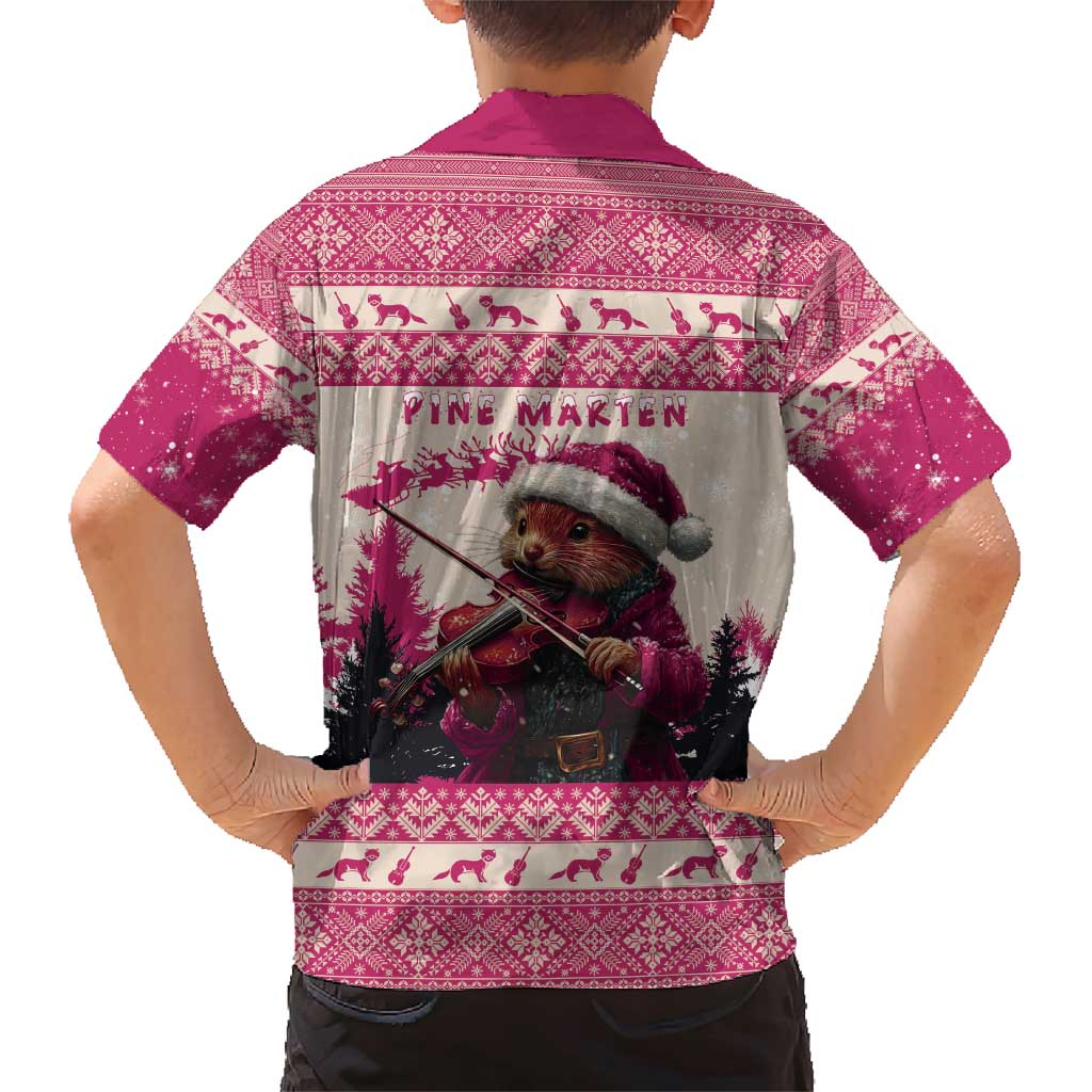 Croatia Christmas Family Matching Short Sleeve Bodycon Dress and Hawaiian Shirt Pine Marten Playing Violin - Dark Pink Color - Wonder Print Shop