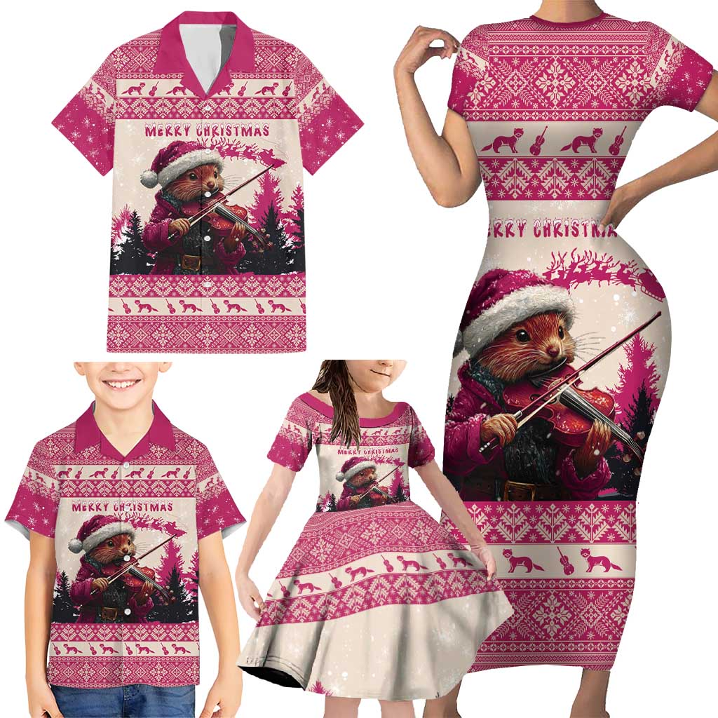 Croatia Christmas Family Matching Short Sleeve Bodycon Dress and Hawaiian Shirt Pine Marten Playing Violin - Dark Pink Color - Wonder Print Shop