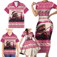 Croatia Christmas Family Matching Short Sleeve Bodycon Dress and Hawaiian Shirt Pine Marten Playing Violin - Dark Pink Color - Wonder Print Shop