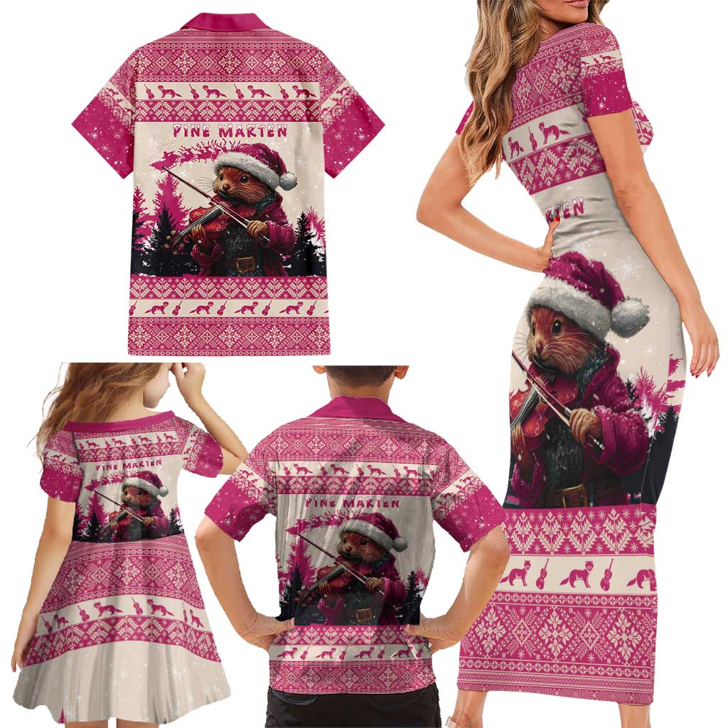 Croatia Christmas Family Matching Short Sleeve Bodycon Dress and Hawaiian Shirt Pine Marten Playing Violin - Dark Pink Color - Wonder Print Shop