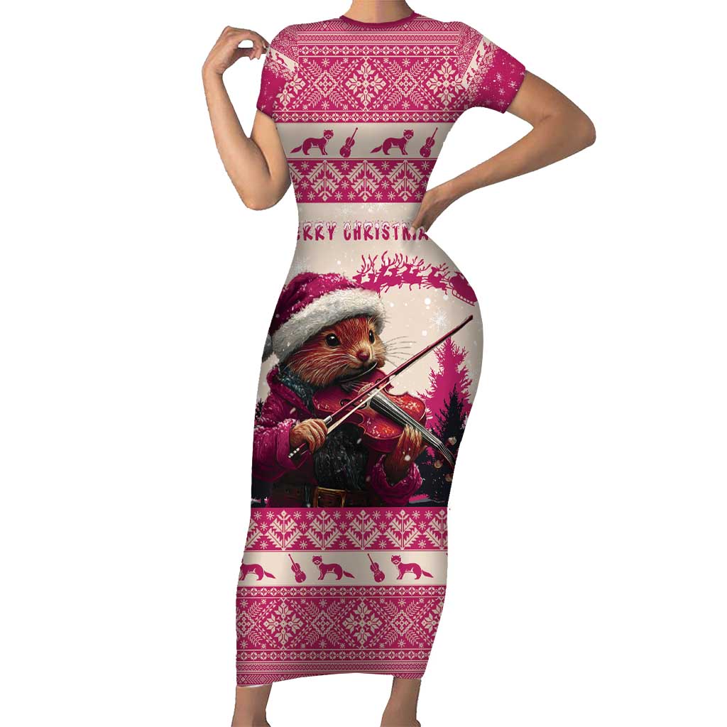 Croatia Christmas Family Matching Short Sleeve Bodycon Dress and Hawaiian Shirt Pine Marten Playing Violin - Dark Pink Color - Wonder Print Shop