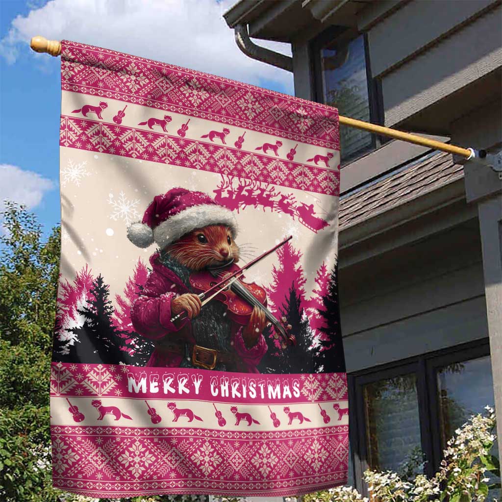 Croatia Christmas Garden Flag Pine Marten Playing Violin - Dark Pink Color - Wonder Print Shop
