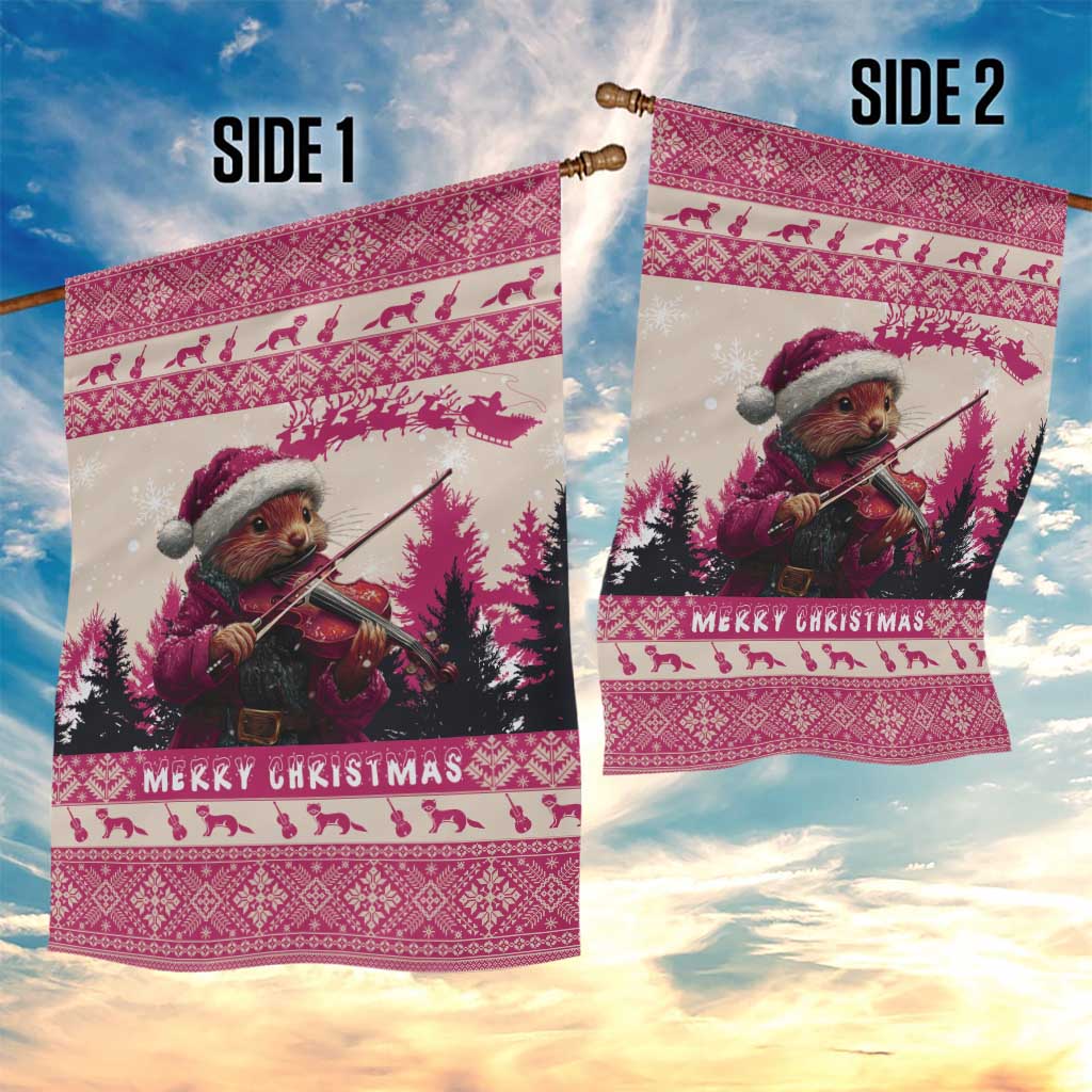 Croatia Christmas Garden Flag Pine Marten Playing Violin - Dark Pink Color - Wonder Print Shop