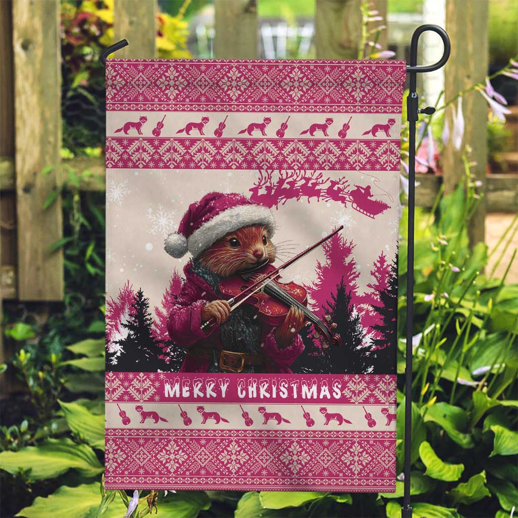 Croatia Christmas Garden Flag Pine Marten Playing Violin - Dark Pink Color - Wonder Print Shop
