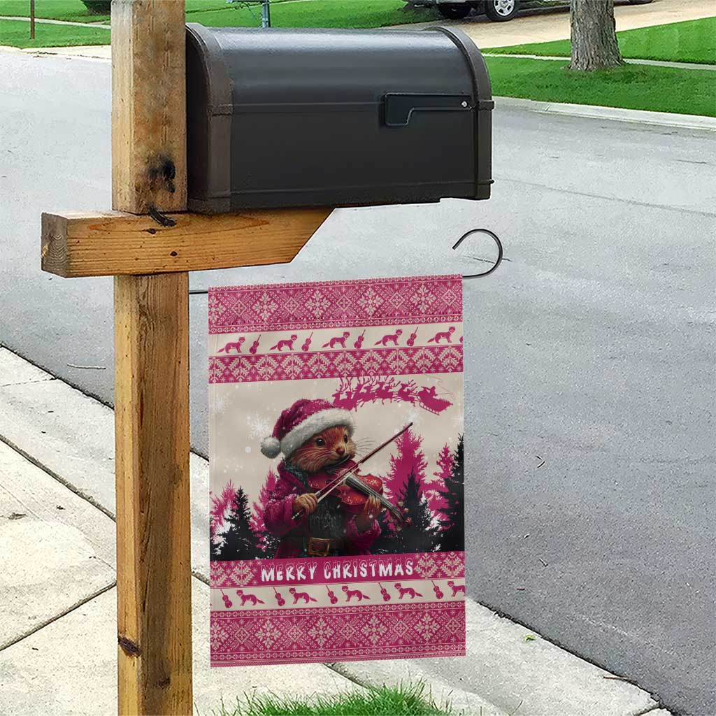 Croatia Christmas Garden Flag Pine Marten Playing Violin - Dark Pink Color - Wonder Print Shop