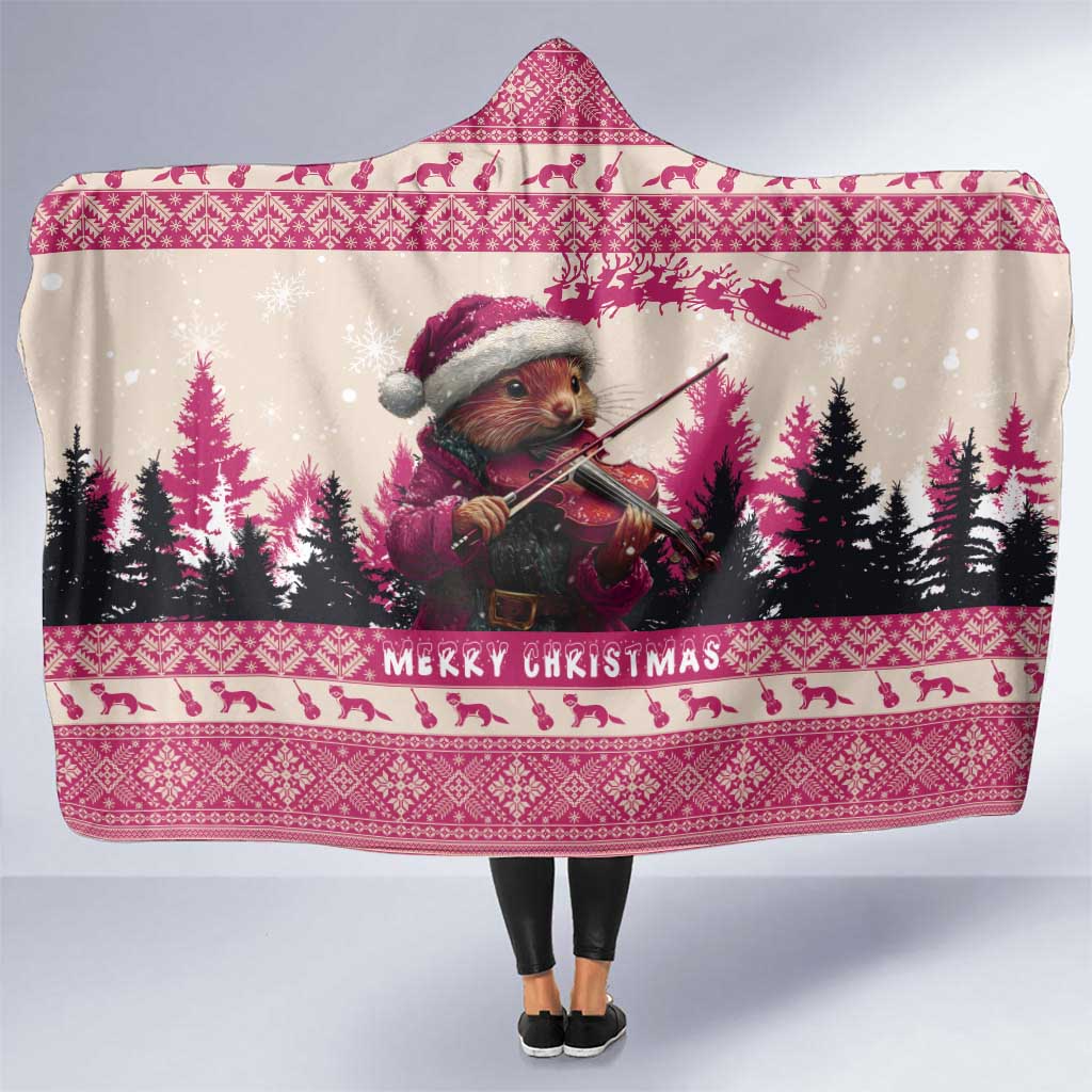 Croatia Christmas Hooded Blanket Pine Marten Playing Violin - Dark Pink Color