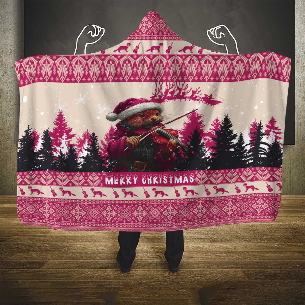 Croatia Christmas Hooded Blanket Pine Marten Playing Violin - Dark Pink Color