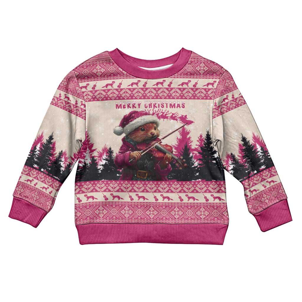 Croatia Christmas Kid Ugly Christmas Sweater Pine Marten Playing Violin - Dark Pink Color - Wonder Print Shop