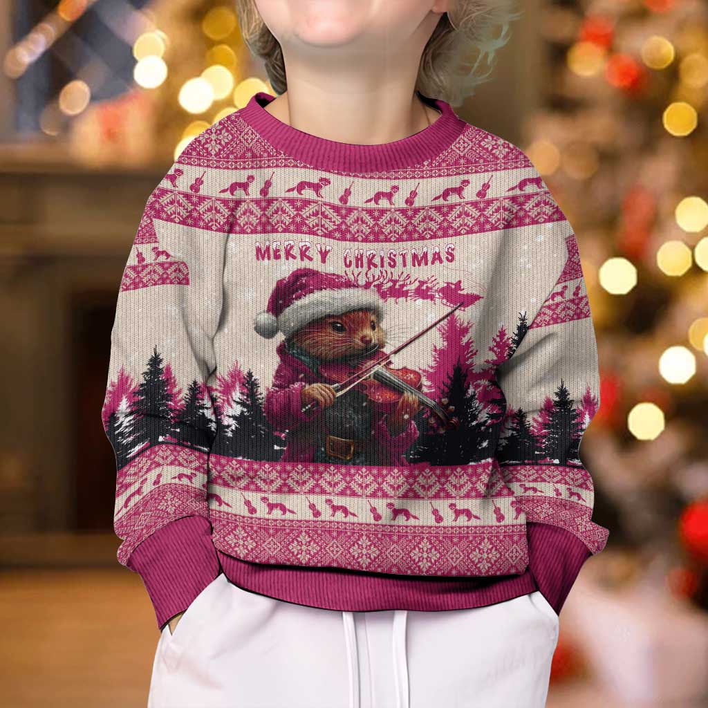 Croatia Christmas Kid Ugly Christmas Sweater Pine Marten Playing Violin - Dark Pink Color - Wonder Print Shop