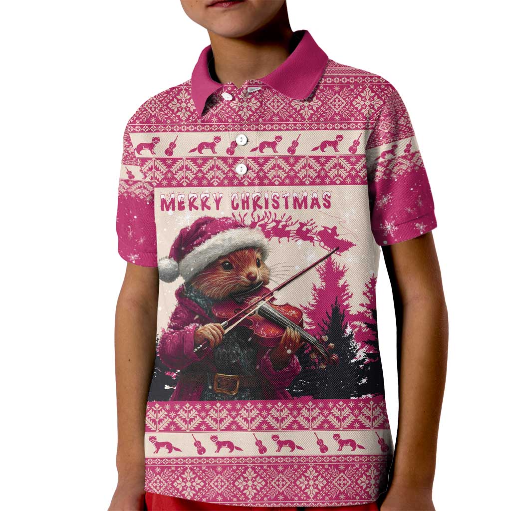 Croatia Christmas Kid Polo Shirt Pine Marten Playing Violin - Dark Pink Color - Wonder Print Shop
