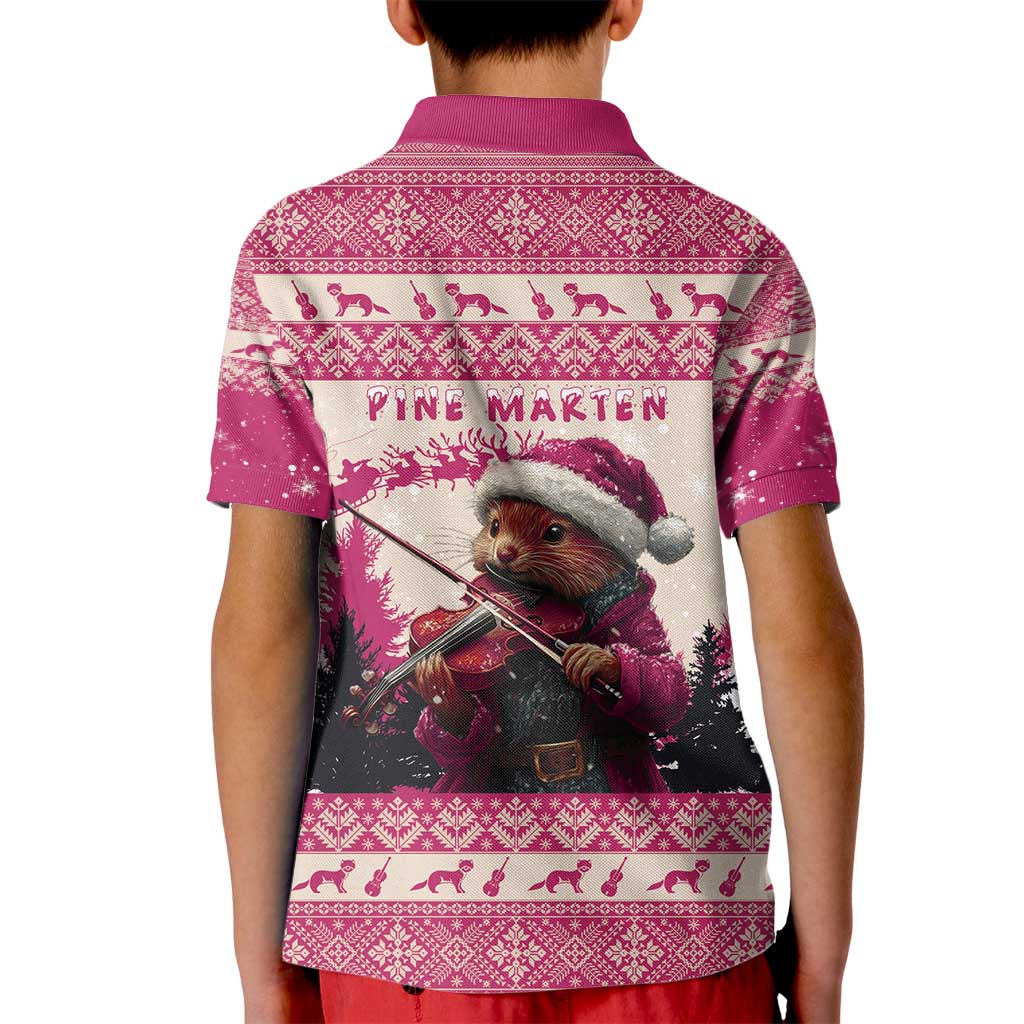 Croatia Christmas Kid Polo Shirt Pine Marten Playing Violin - Dark Pink Color - Wonder Print Shop