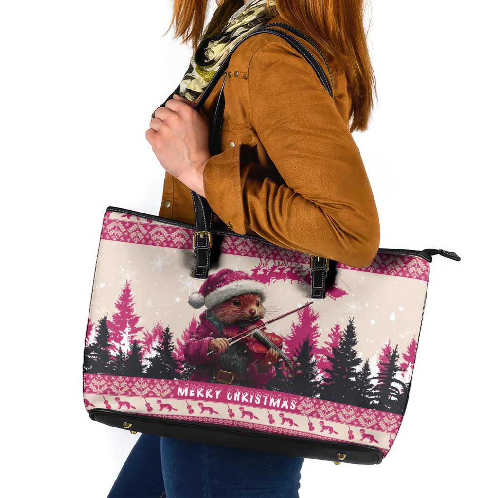 Croatia Christmas Leather Tote Bag Pine Marten Playing Violin - Dark Pink Color - Wonder Print Shop