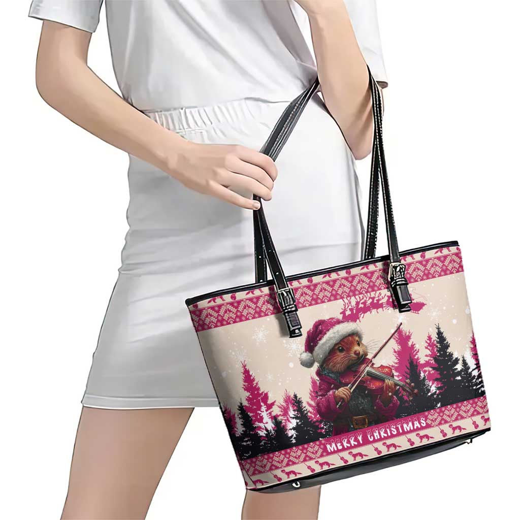 Croatia Christmas Leather Tote Bag Pine Marten Playing Violin - Dark Pink Color - Wonder Print Shop