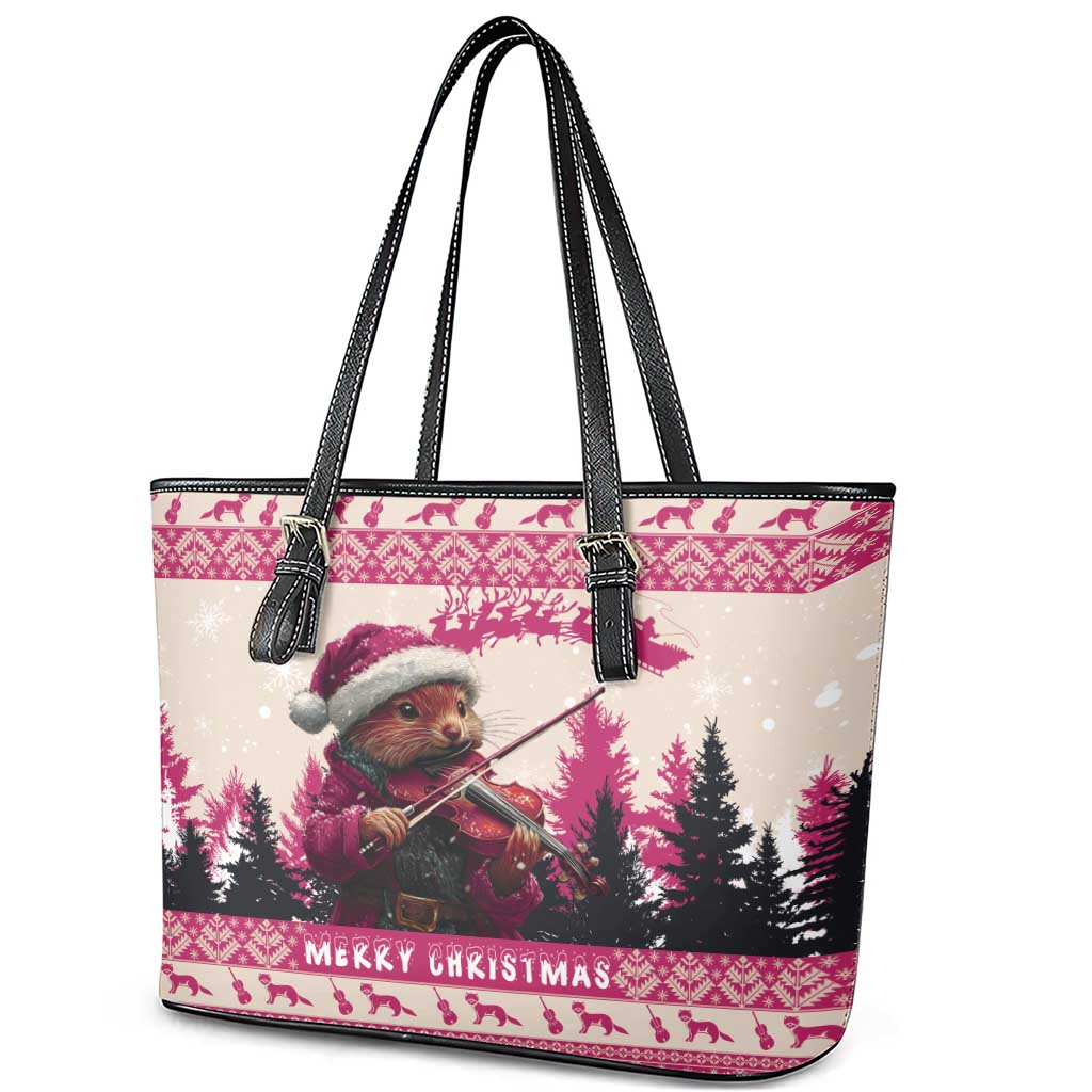 Croatia Christmas Leather Tote Bag Pine Marten Playing Violin - Dark Pink Color - Wonder Print Shop