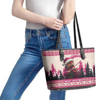 Croatia Christmas Leather Tote Bag Pine Marten Playing Violin - Dark Pink Color - Wonder Print Shop