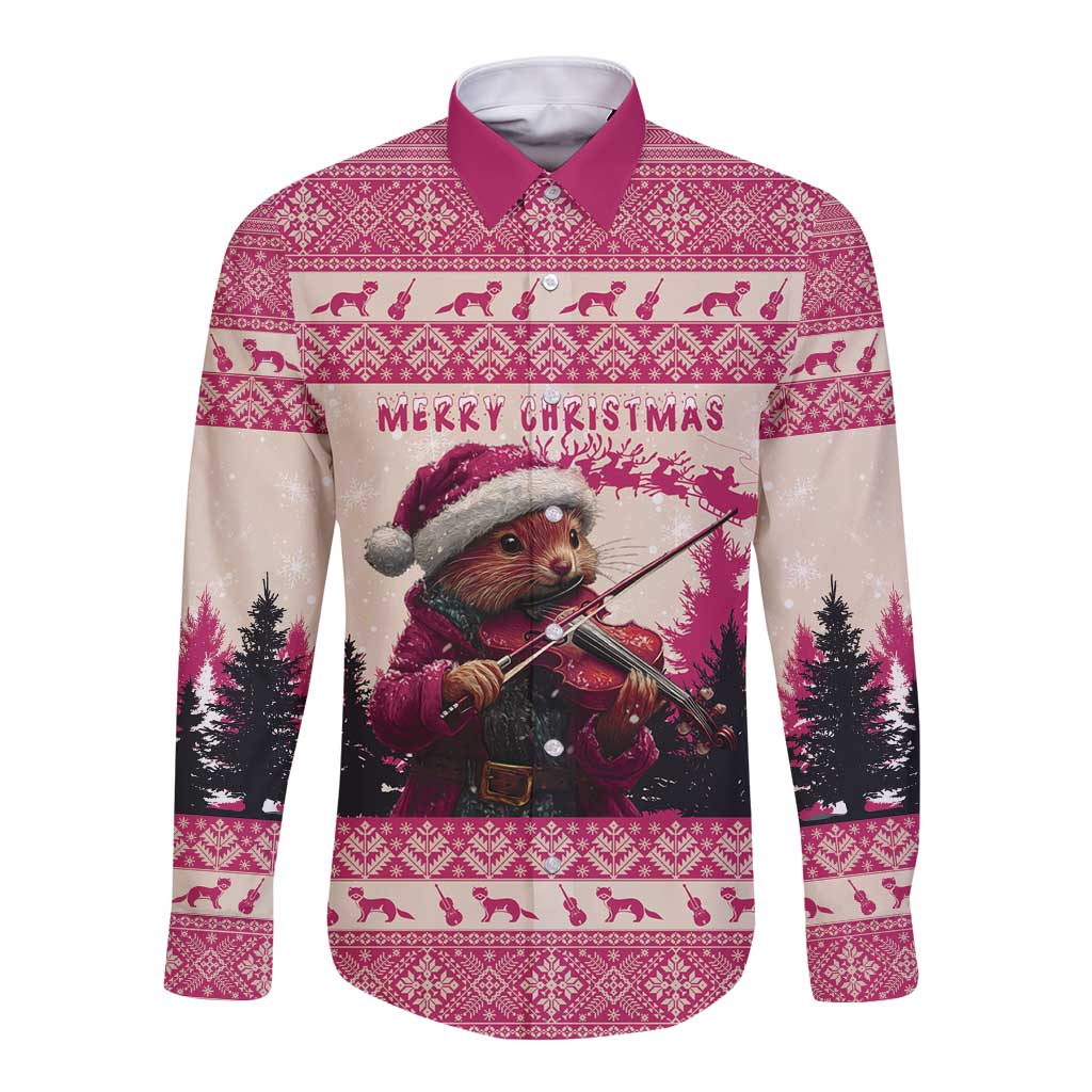 Croatia Christmas Long Sleeve Button Shirt Pine Marten Playing Violin - Dark Pink Color - Wonder Print Shop