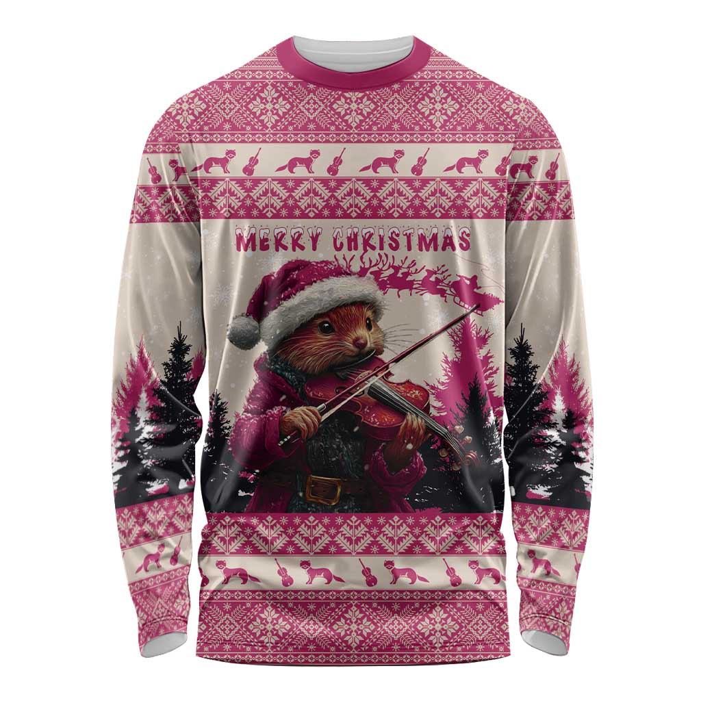 Croatia Christmas Long Sleeve Shirt Pine Marten Playing Violin - Dark Pink Color - Wonder Print Shop