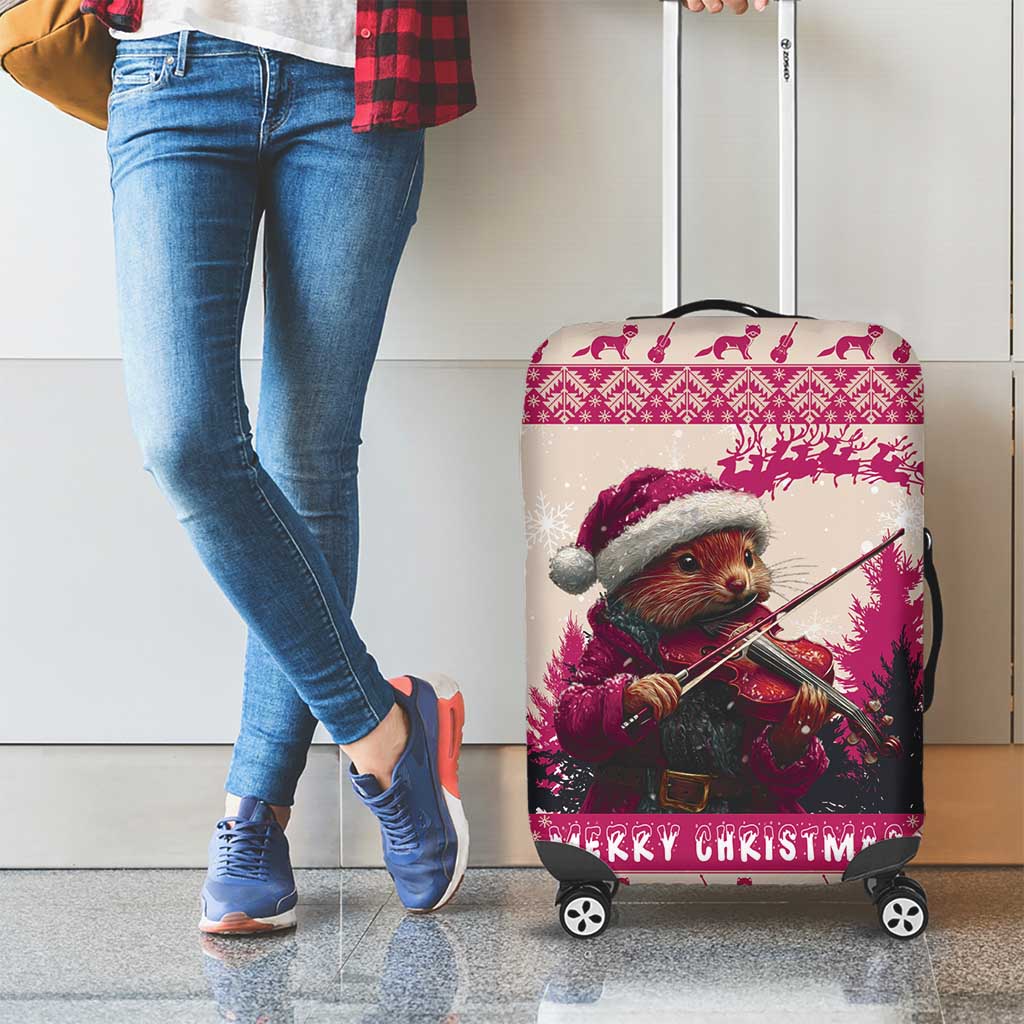 Croatia Christmas Luggage Cover Pine Marten Playing Violin - Dark Pink Color - Wonder Print Shop