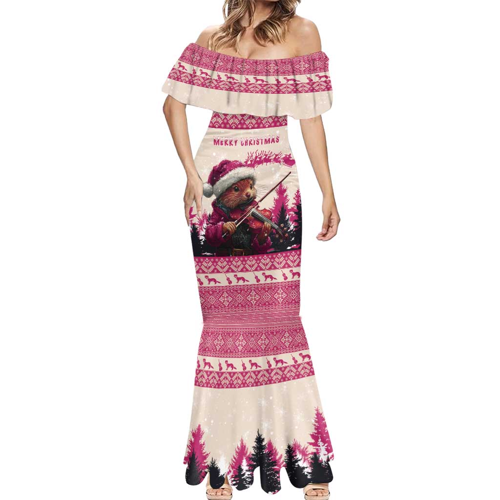 Croatia Christmas Mermaid Dress Pine Marten Playing Violin - Dark Pink Color - Wonder Print Shop