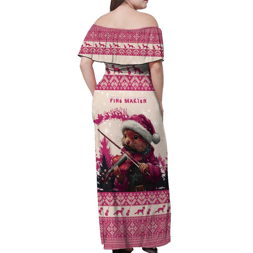 Croatia Christmas Off Shoulder Maxi Dress Pine Marten Playing Violin - Dark Pink Color - Wonder Print Shop