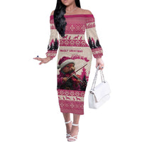 Croatia Christmas Off The Shoulder Long Sleeve Dress Pine Marten Playing Violin - Dark Pink Color - Wonder Print Shop