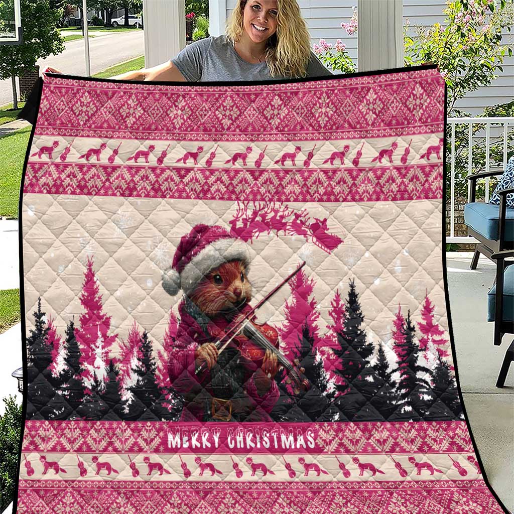 Croatia Christmas Quilt Pine Marten Playing Violin - Dark Pink Color - Wonder Print Shop