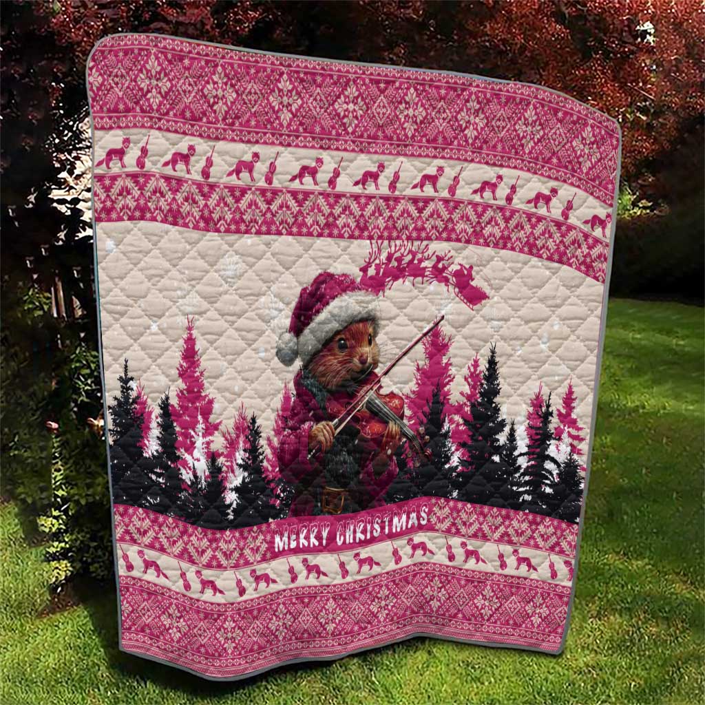 Croatia Christmas Quilt Pine Marten Playing Violin - Dark Pink Color - Wonder Print Shop