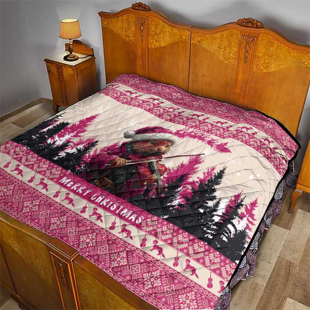 Croatia Christmas Quilt Pine Marten Playing Violin - Dark Pink Color - Wonder Print Shop