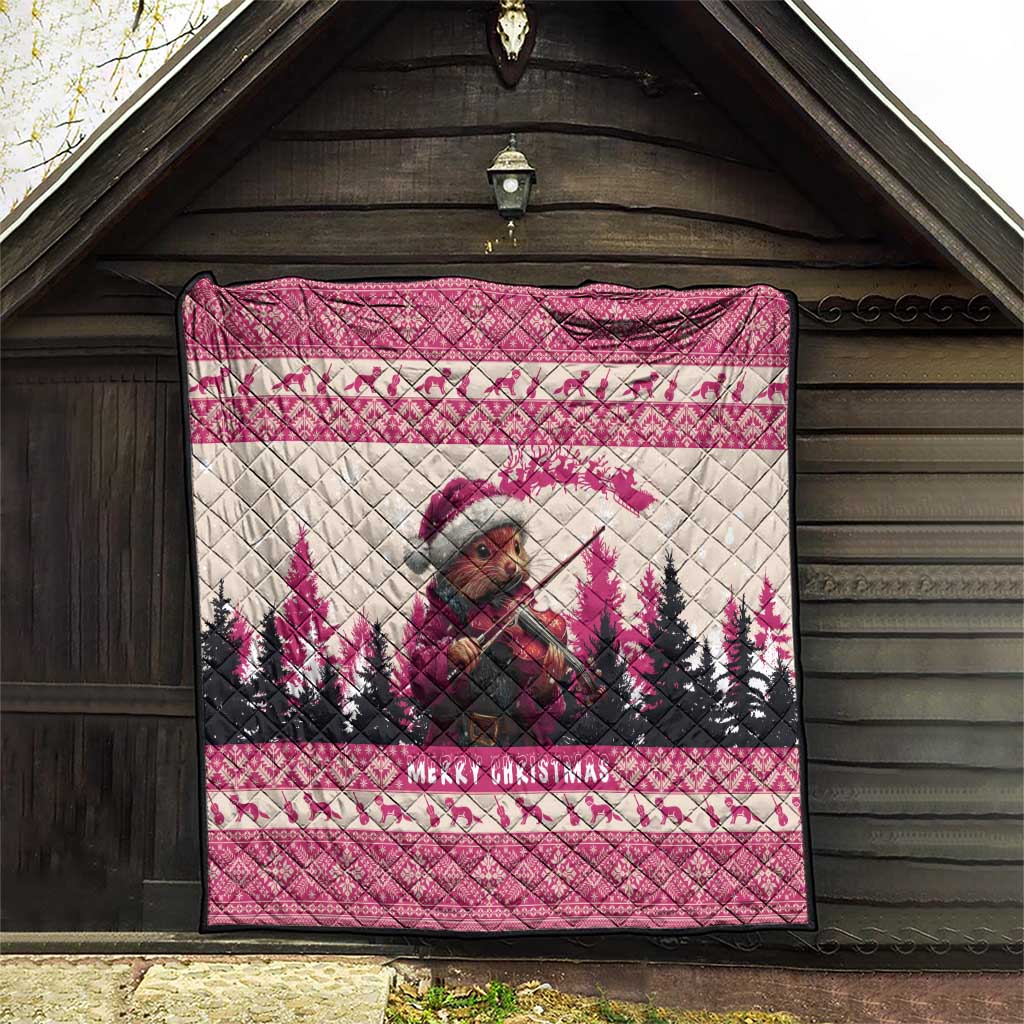 Croatia Christmas Quilt Pine Marten Playing Violin - Dark Pink Color - Wonder Print Shop