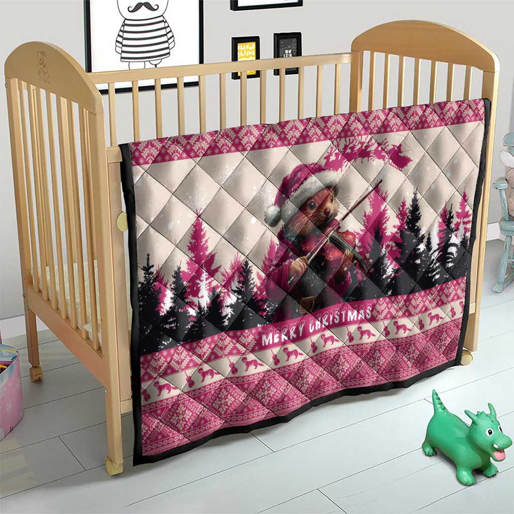 Croatia Christmas Quilt Pine Marten Playing Violin - Dark Pink Color - Wonder Print Shop