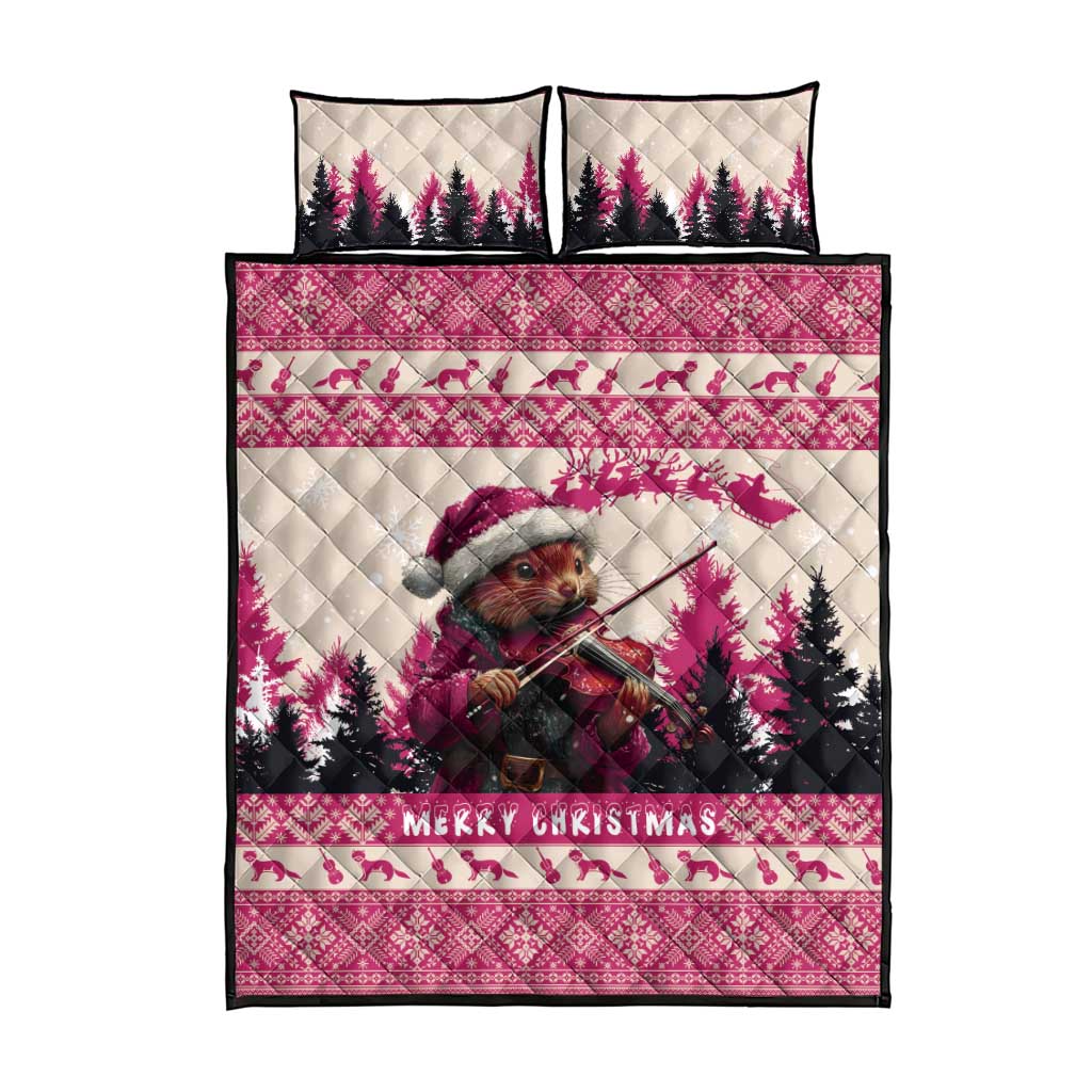 Croatia Christmas Quilt Bed Set Pine Marten Playing Violin - Dark Pink Color - Wonder Print Shop