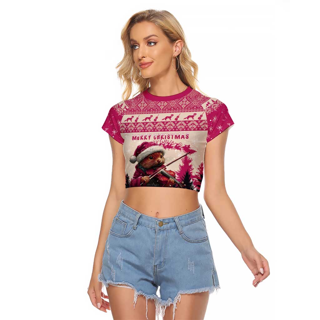 Croatia Christmas Raglan Cropped T Shirt Pine Marten Playing Violin - Dark Pink Color - Wonder Print Shop