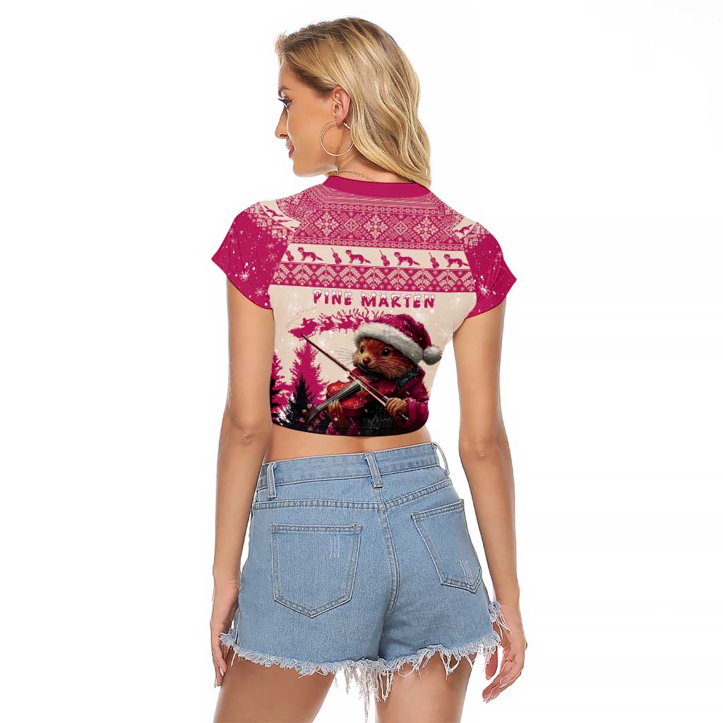 Croatia Christmas Raglan Cropped T Shirt Pine Marten Playing Violin - Dark Pink Color - Wonder Print Shop