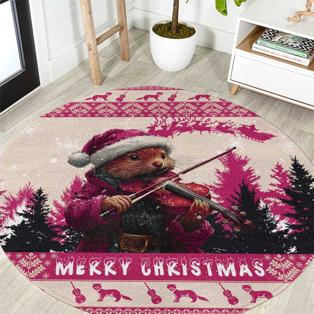 Croatia Christmas Round Carpet Pine Marten Playing Violin - Dark Pink Color