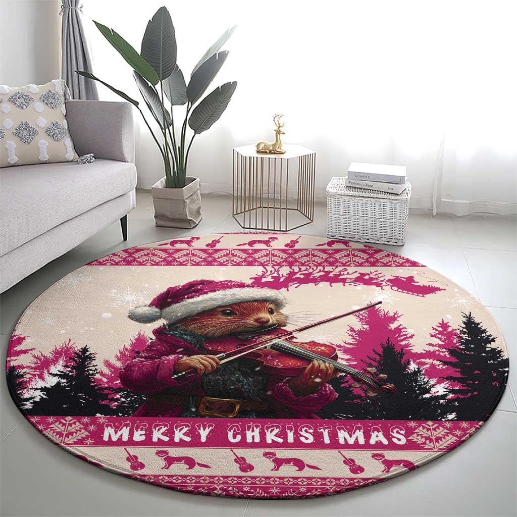 Croatia Christmas Round Carpet Pine Marten Playing Violin - Dark Pink Color