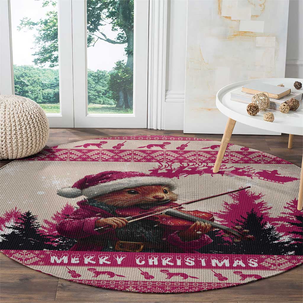 Croatia Christmas Round Carpet Pine Marten Playing Violin - Dark Pink Color