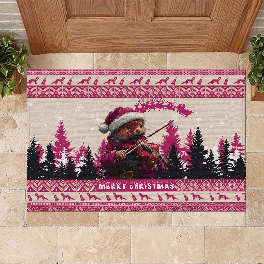 Croatia Christmas Rubber Doormat Pine Marten Playing Violin - Dark Pink Color - Wonder Print Shop