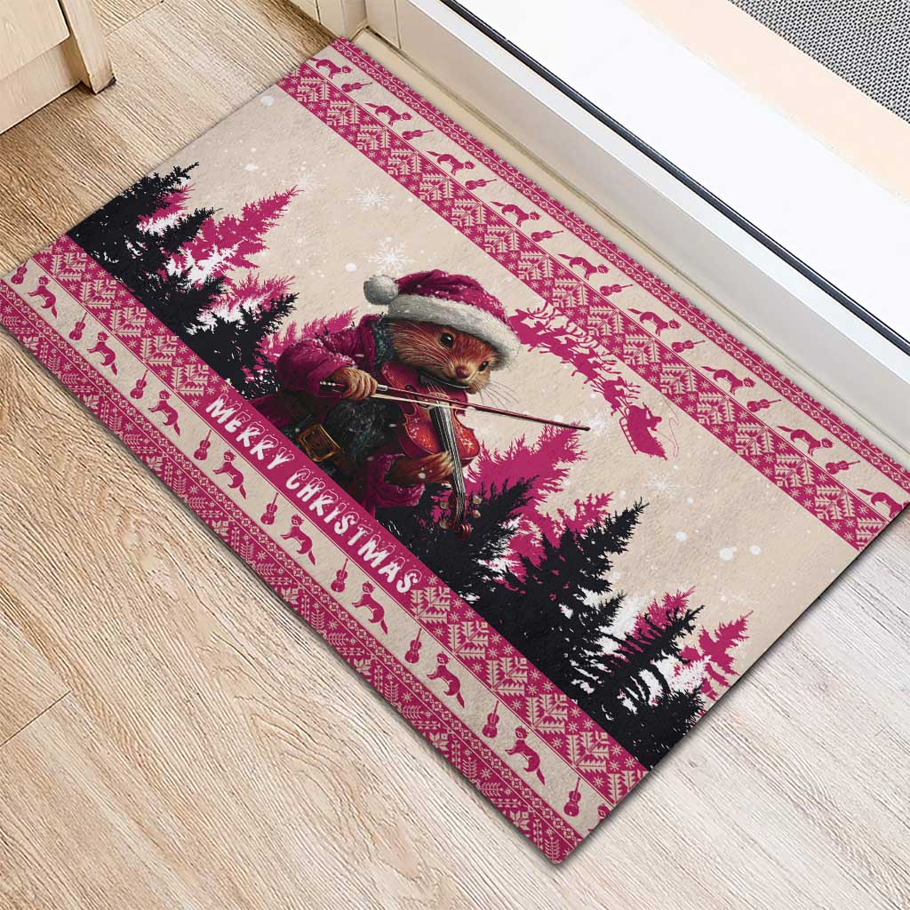 Croatia Christmas Rubber Doormat Pine Marten Playing Violin - Dark Pink Color - Wonder Print Shop