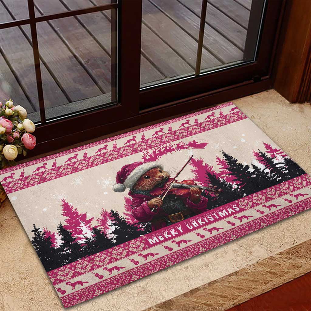 Croatia Christmas Rubber Doormat Pine Marten Playing Violin - Dark Pink Color - Wonder Print Shop