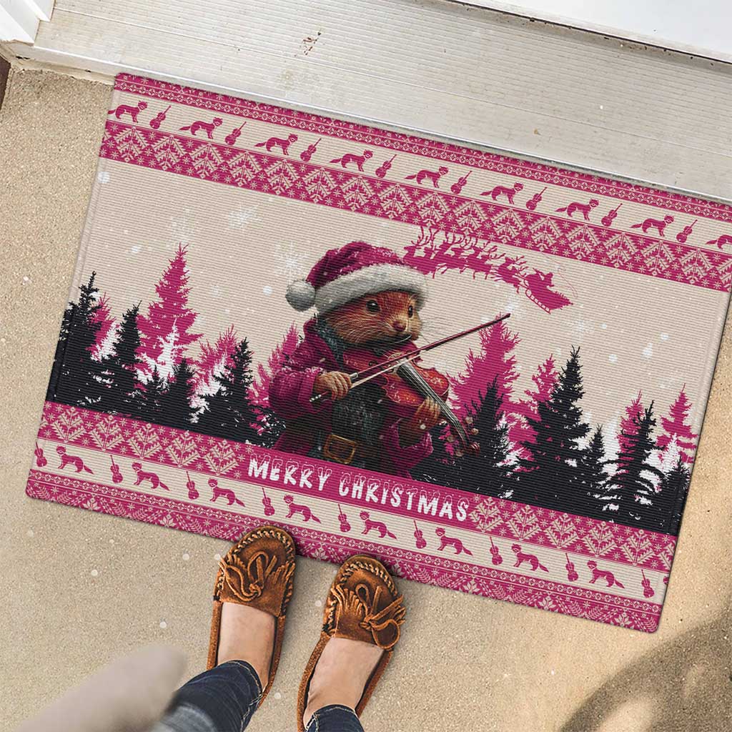 Croatia Christmas Rubber Doormat Pine Marten Playing Violin - Dark Pink Color - Wonder Print Shop