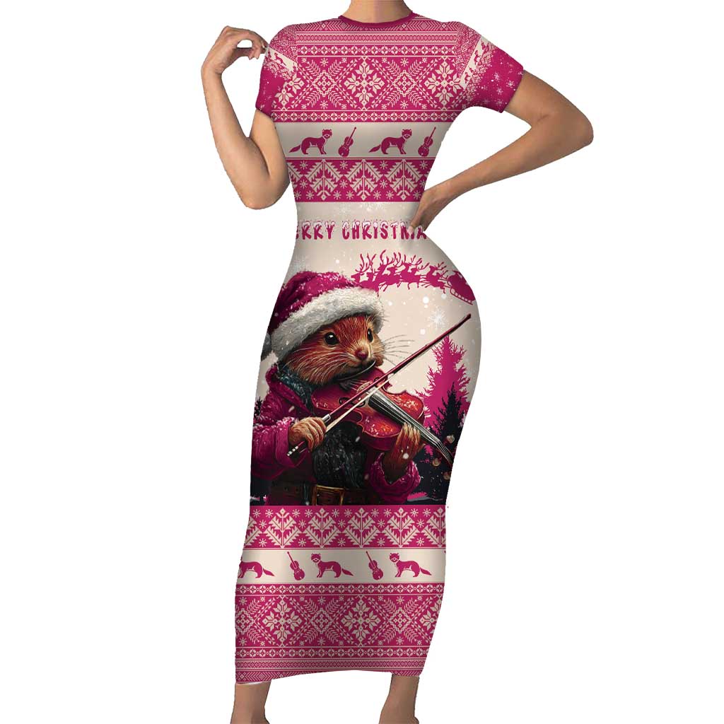 Croatia Christmas Short Sleeve Bodycon Dress Pine Marten Playing Violin - Dark Pink Color - Wonder Print Shop