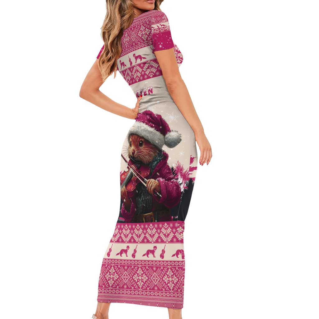 Croatia Christmas Short Sleeve Bodycon Dress Pine Marten Playing Violin - Dark Pink Color - Wonder Print Shop