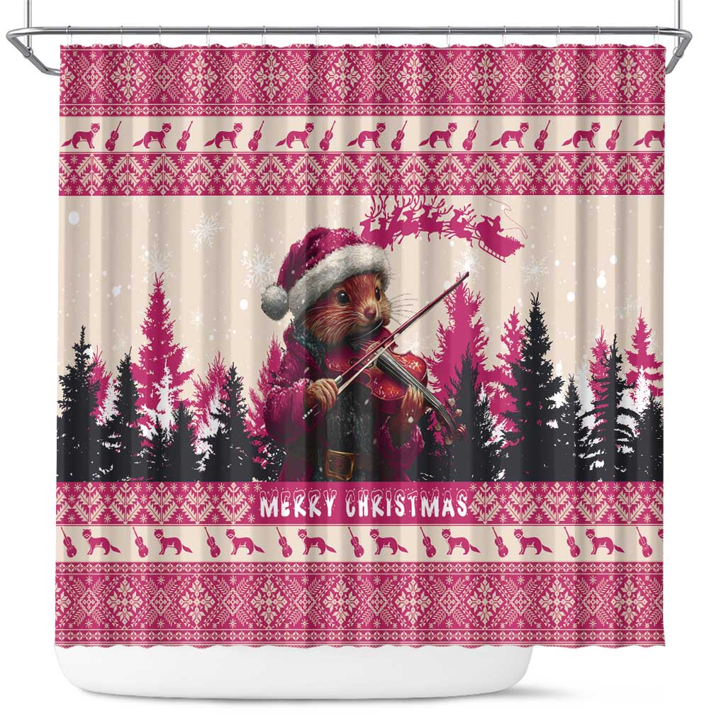 Croatia Christmas Shower Curtain Pine Marten Playing Violin - Dark Pink Color