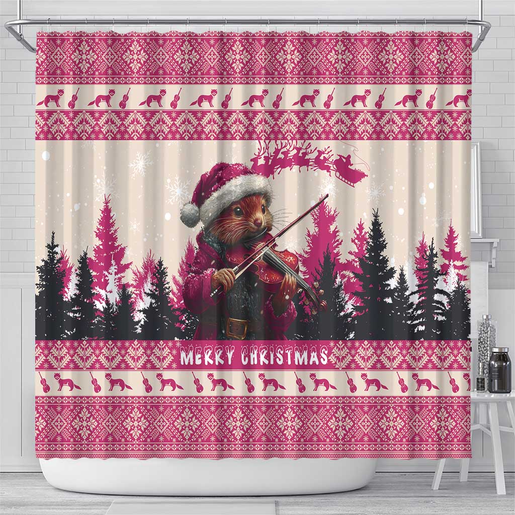 Croatia Christmas Shower Curtain Pine Marten Playing Violin - Dark Pink Color